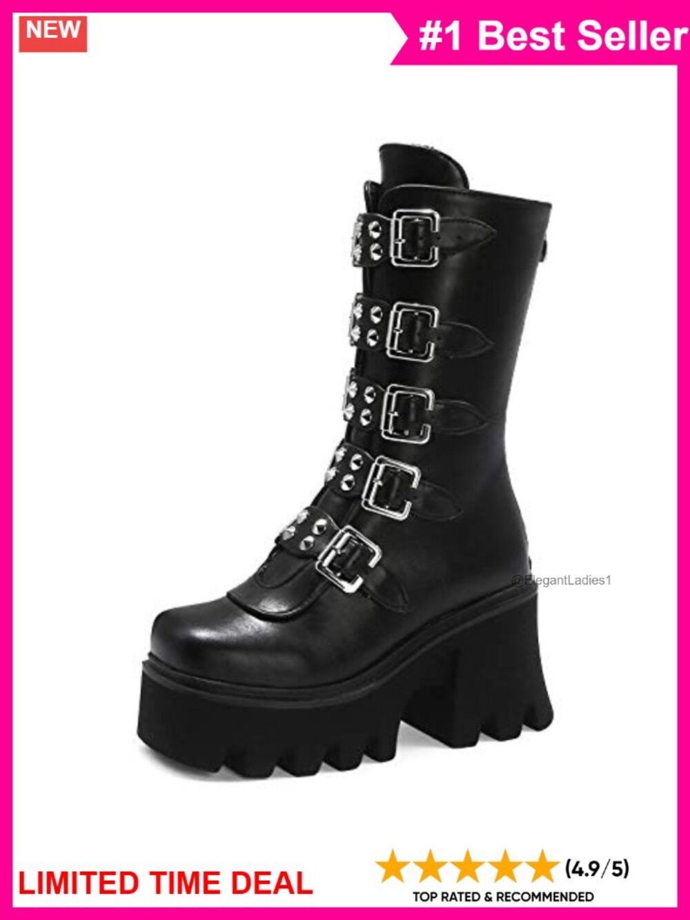 Platform Goth Mid Calf Combat Boots Studded Buckle Chunky Heel